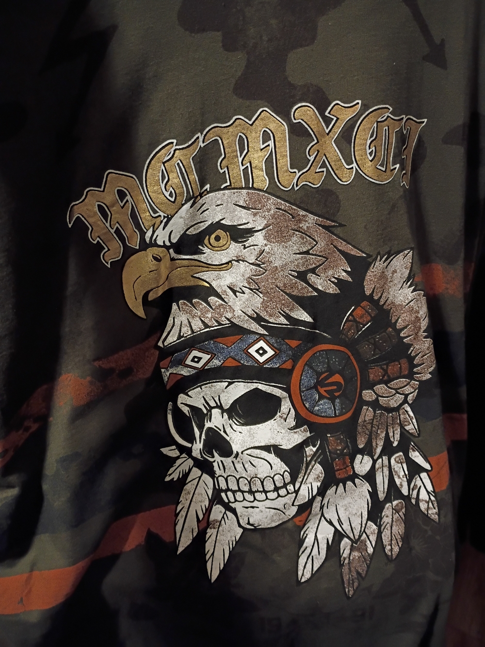 South Pole Black Graphic Eagle & Skull Shirt Jacket with Tan and Orange Accents